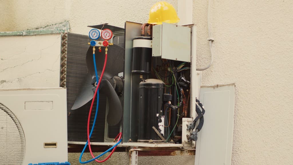 HVAC condenser unit being serviced by technician in Austin and Dallas/Fort Worth areas